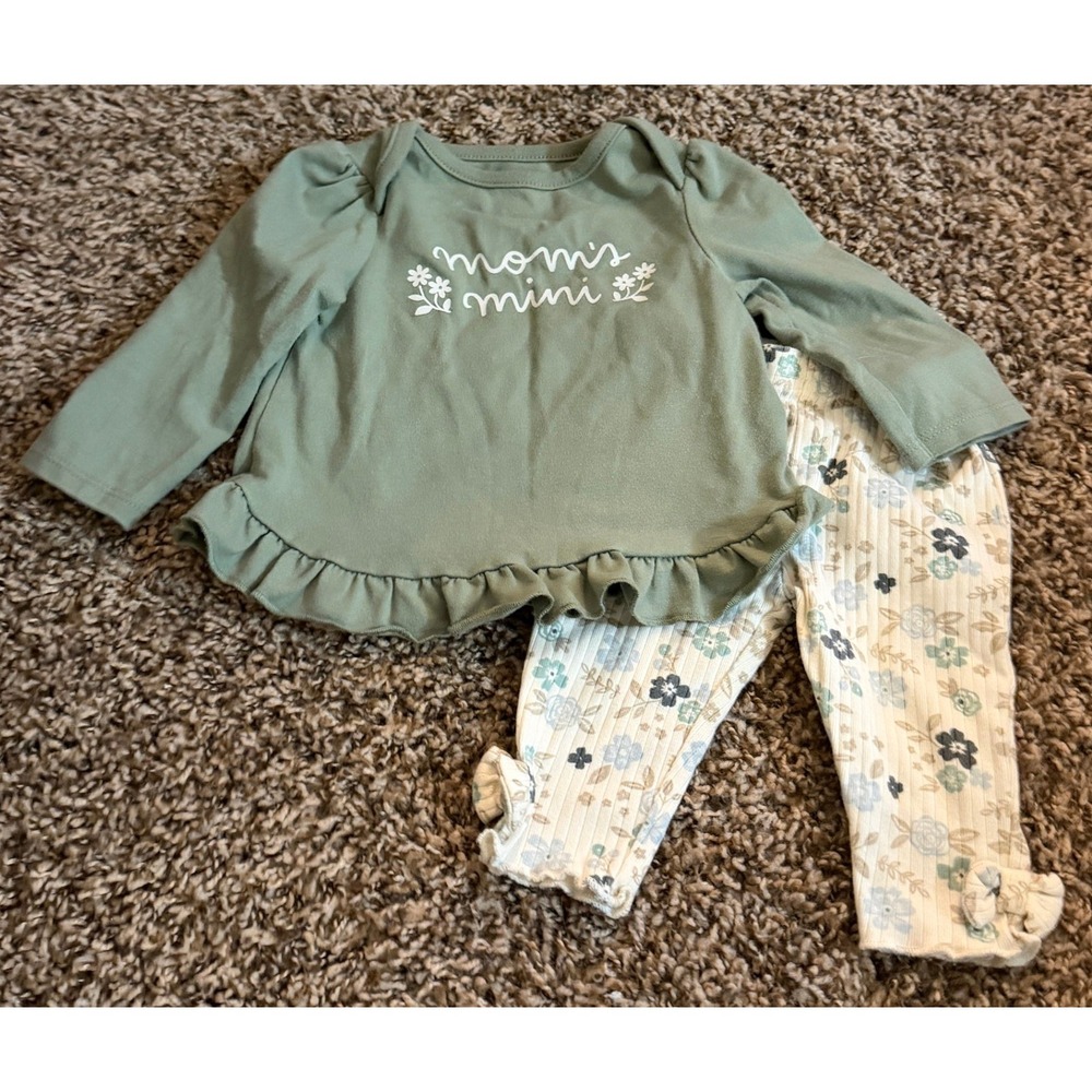 Cat & Jack/Rabbit + Bear Green Long Sleeve Top & Floral Pants 3-6 Months